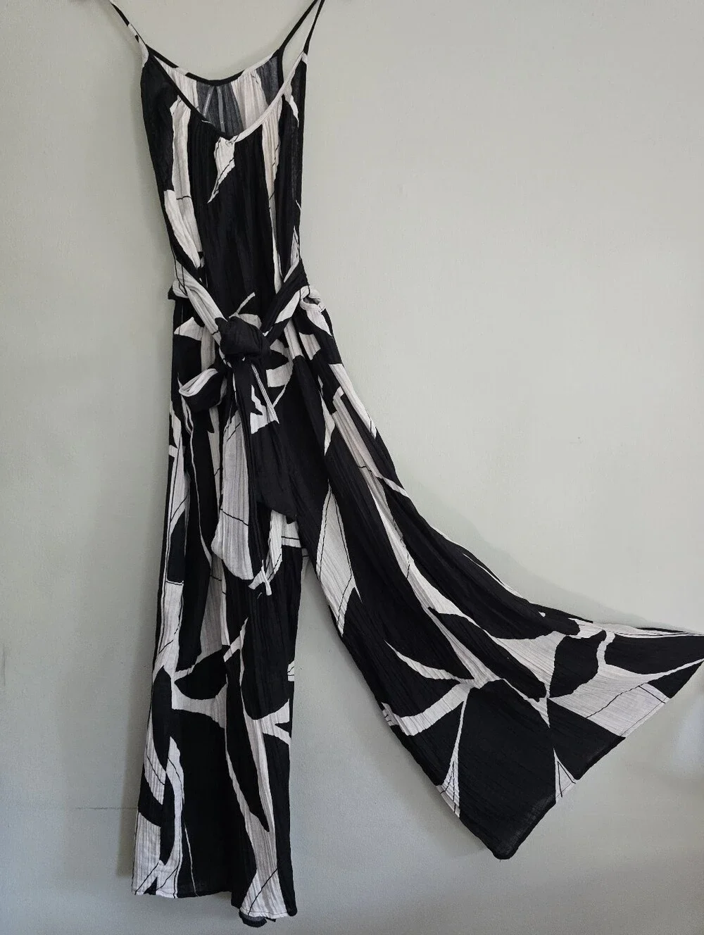 Anthropologie Boho White Black Sheer Print Cotton Gauze Wide Leg Jumpsuit, Large - Picture 3 of 8